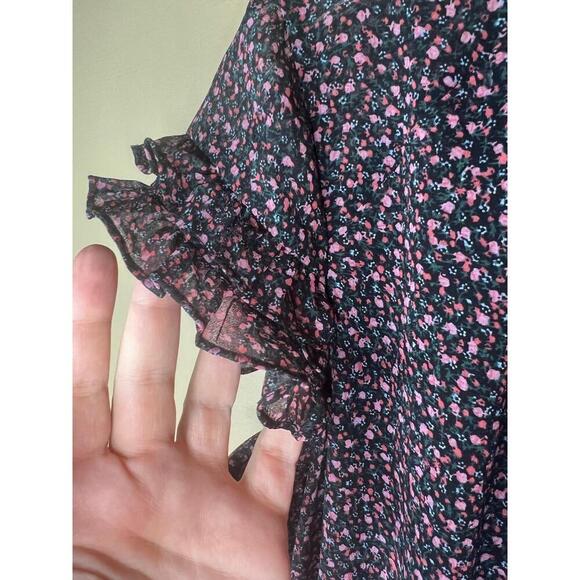 REBECCA MINKOFF Mini Dress Size S Black Pink Floral Ruffled Smocked Tiered - Picture 3 of 11